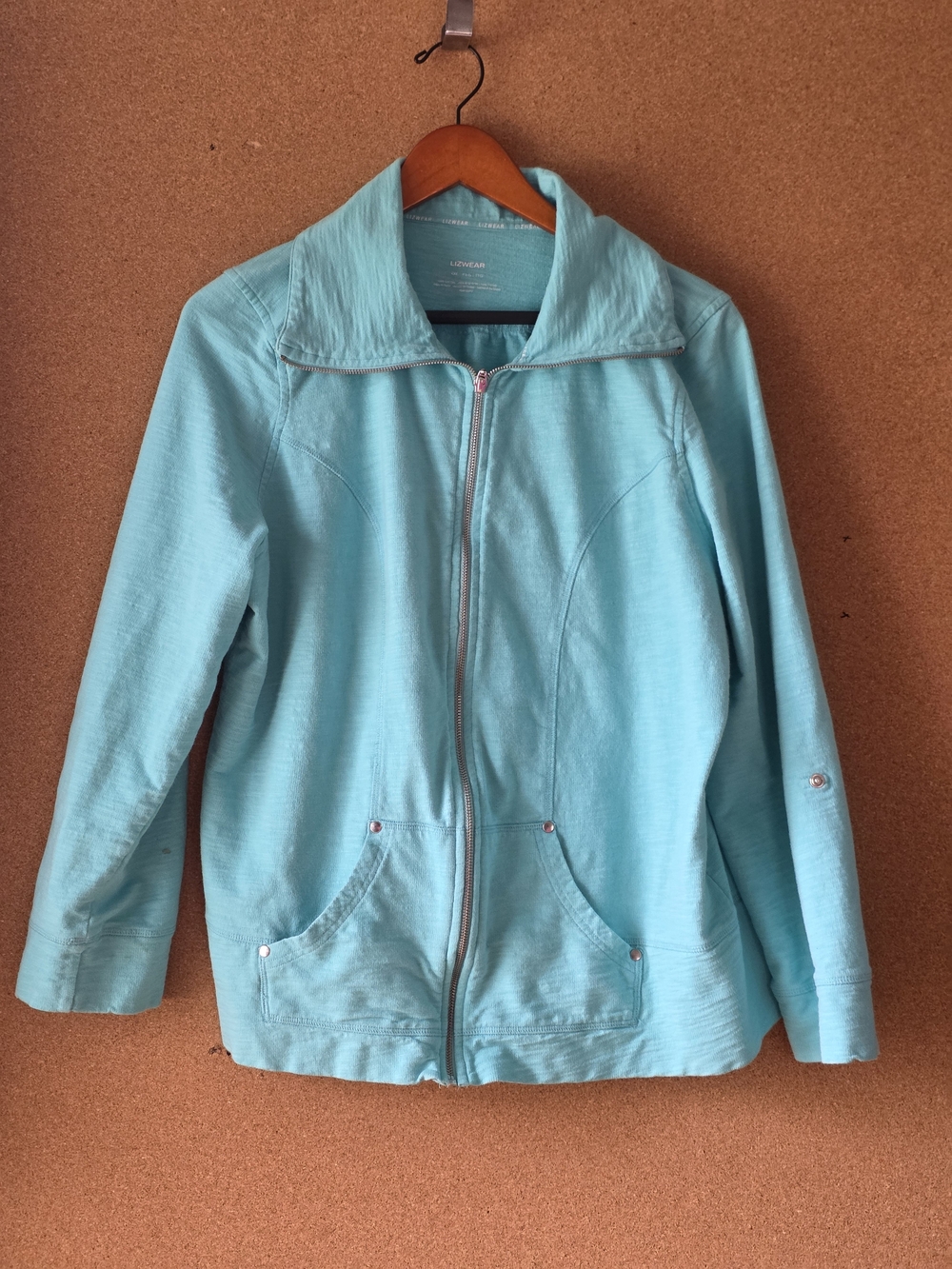 Lizwear Light Blue Teal Full Zip Slub Knit Jacket Convertible Roll Tab Sleeve 2X